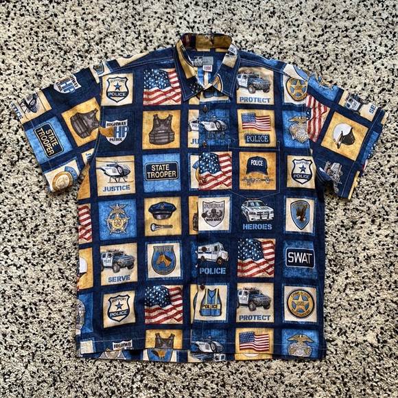 High Seas Trading Co Shirt Short Sleeve Button Down Blue Police Graphic Print XL - Picture 1 of 15